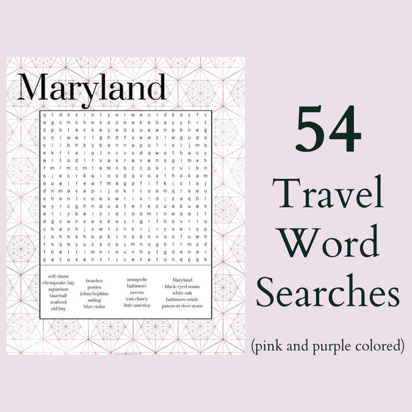 Travel Word Searches, States and travel themed // Printable Puzzles & Games, Pink and Purple Colors