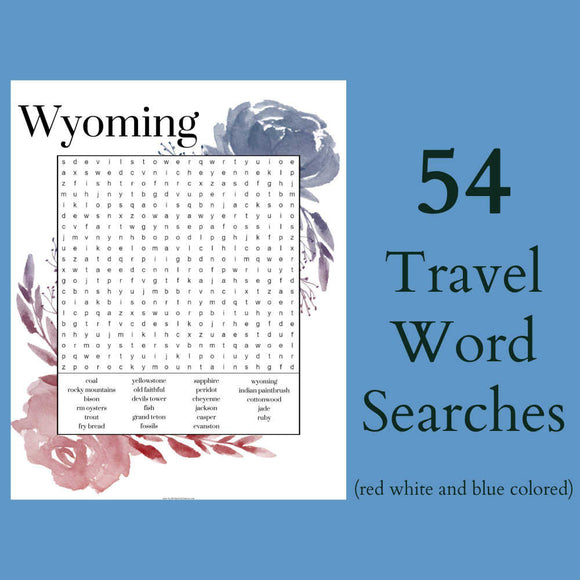 Travel Word Searches, States and travel themed // Printable Puzzles & Games, Red White and Blue Colors