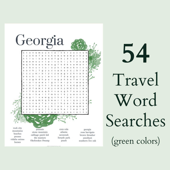 Travel Word Searches, States and travel themed // Printable Puzzles & Games, Green Colors