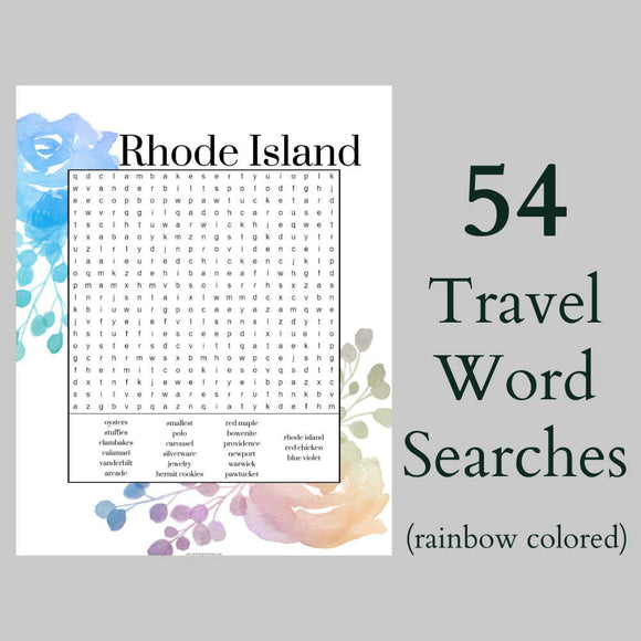Travel Word Searches, United States and travel themed // Printable Puzzles & Games, Rainbow Colors